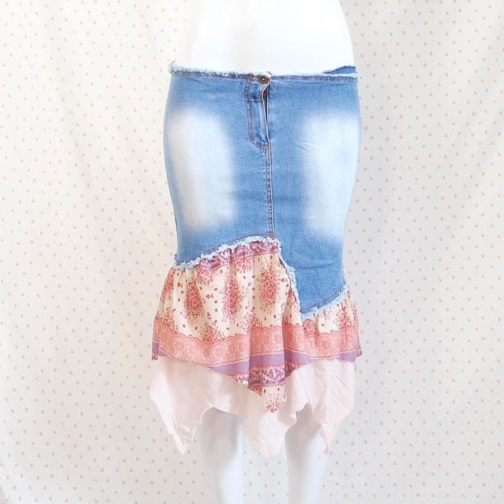 y2k low rise denim midi skirt asymmetrical mermaid fairy grunge skirt